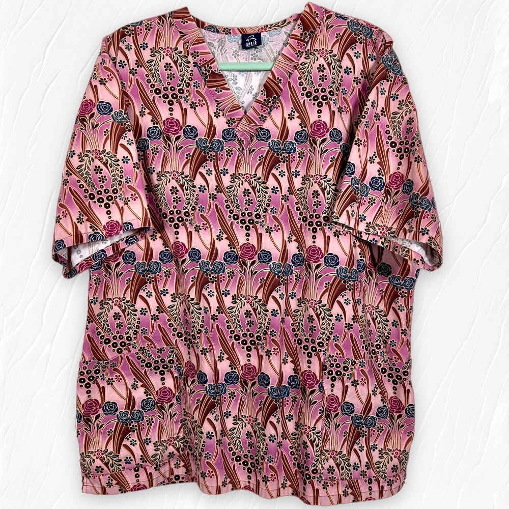 Barco Uniforms Women's Pink Multi Floral 2-Pocket Scrub Top Size 2XL